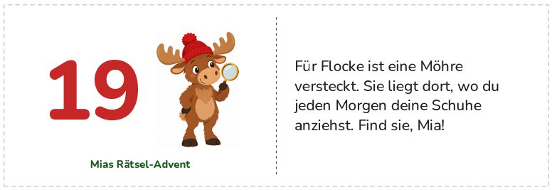 Rätselkarte Nummer 19 mit Elch-Maskottchen und persönlichem Rätsel